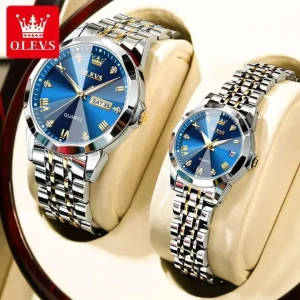 Olevs 9931 Premium Quality Couple Watches - Silver Golden Blue