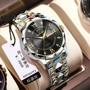 BINBOND Diamond Cut Mens Watch - Silver Golden Black